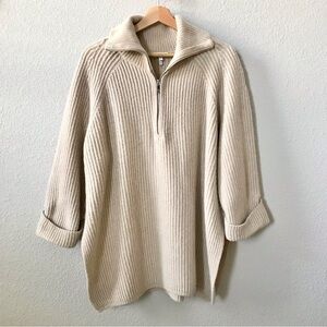 Reiss Jean Zip Neck Tunic Sweater Size Large Wool Blend Cream Boxy Collar